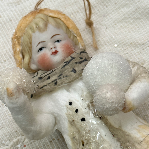 Nostalgic Cotton Boy with Snowballs and Porcelain Head Ornament