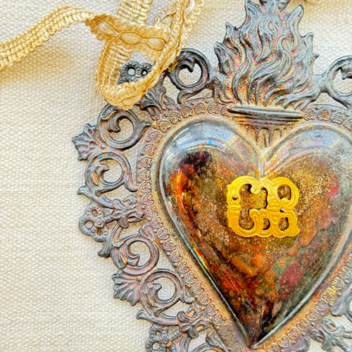 19th-century Italian Ex-Voto Sacred Silver Heart with Ribbon (No. 125)