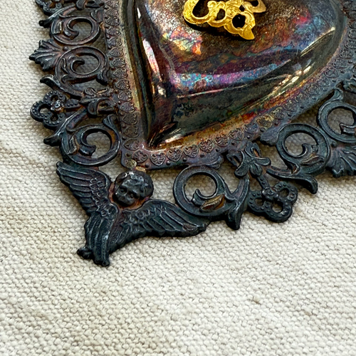 19th-century Italian Ex-Voto Sacred Silver Heart with Ribbon (No. 125)