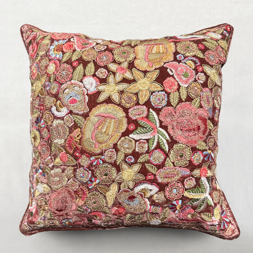 Fleur Embroidered Silk Velvet Cushion in Hot Brick