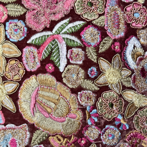 Fleur Embroidered Silk Velvet Cushion in Hot Brick