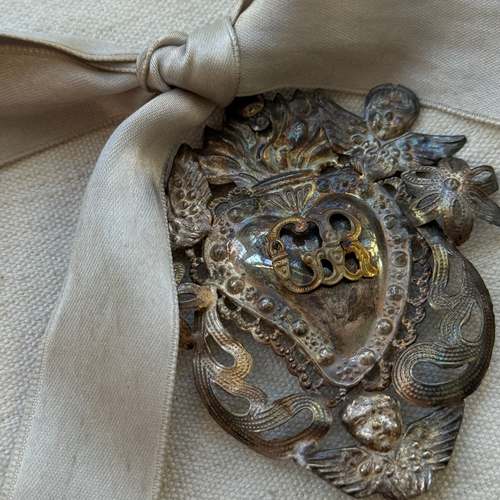 19th-century Italian Ex-Voto Sacred Silver Heart with Ribbon (No. 126)