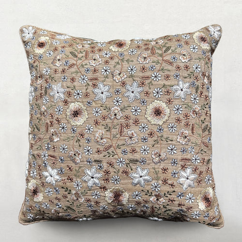 New Nature Embroidered Tussar Silk Cushion in Natural