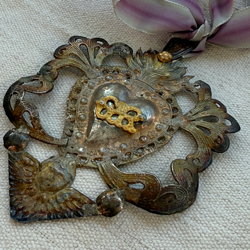 19th-century Italian Ex-Voto Sacred Silver Heart with Ribbon (No. 127)