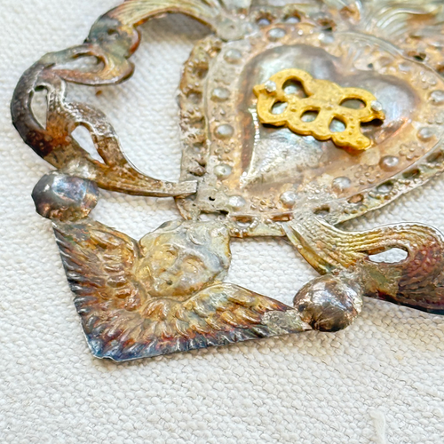 19th-century Italian Ex-Voto Sacred Silver Heart with Ribbon (No. 127)