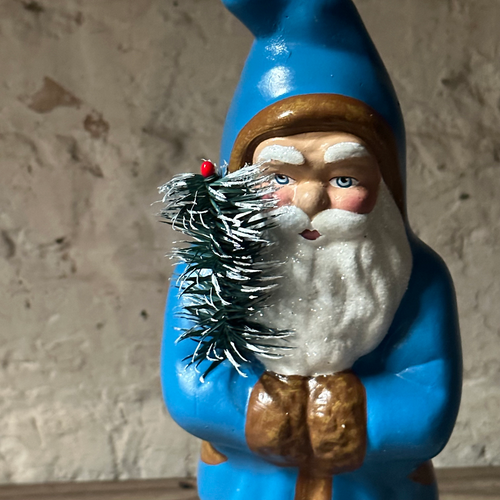 Papier-Mâché Santa in Old Blue Coat with Feather Tree