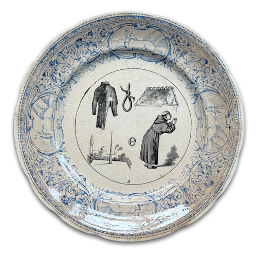 Set of 6 19th‑century French Sarreguemines Talking Plates