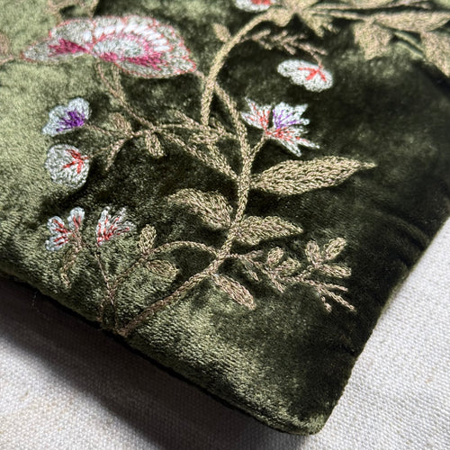 Jane Embroidered Silk Velvet Perfect Zip Pouch in Dark Green