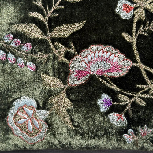 Jane Embroidered Silk Velvet Perfect Zip Pouch in Dark Green