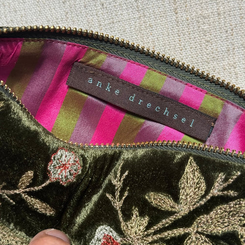 Jane Embroidered Silk Velvet Perfect Zip Pouch in Dark Green