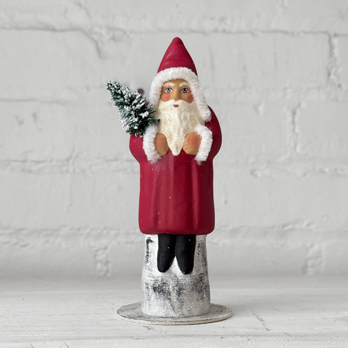 Papier-Mâché Santa with Tree in Old Red