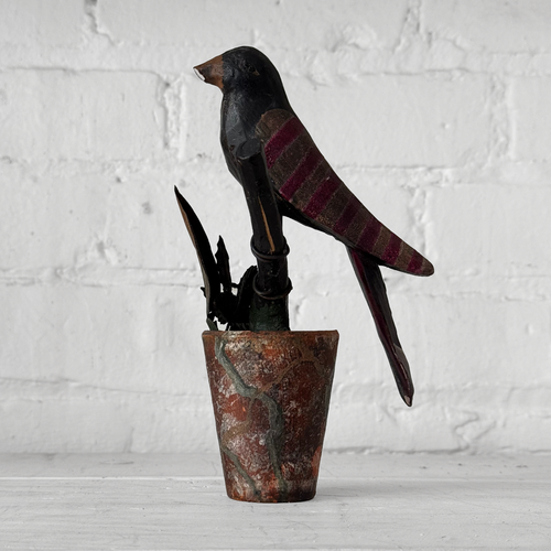 Black Forest Carved Perched Bird on Clay Pot (#2)