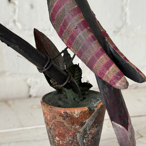 Black Forest Carved Perched Bird on Clay Pot (#2)