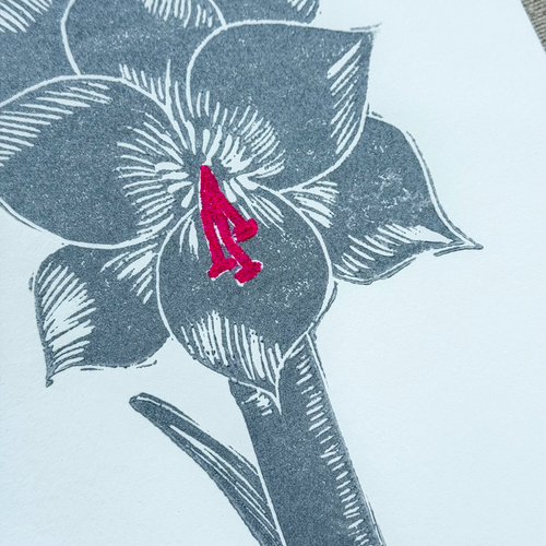 Block Printed Silver Amaryllis Folded Card