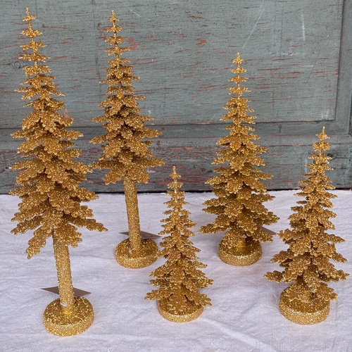 Set of 5 Glitter Spruce Trees in Gold