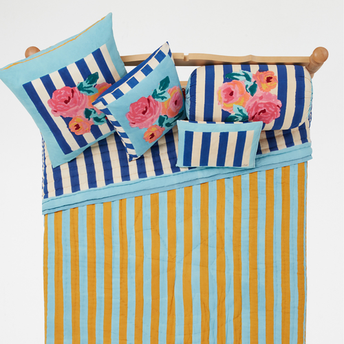 Lisa Corti Reversible King Quilt in Nizam Stripes Blue Natural 250 x 270cm