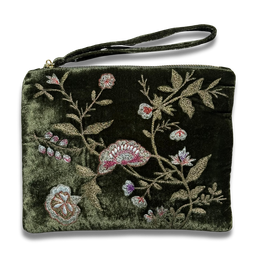 Jane Embroidered Silk Velvet Perfect Zip Pouch in Dark Green