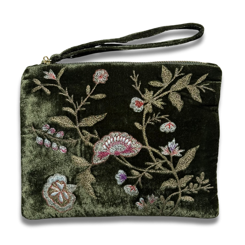 Jane Embroidered Silk Velvet Perfect Zip Pouch in Dark Green