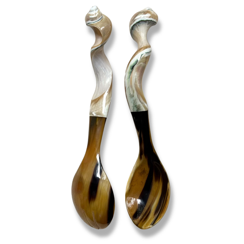 Carved Mother of Pearl Shell and Tortoise Horn Serving Utensils
