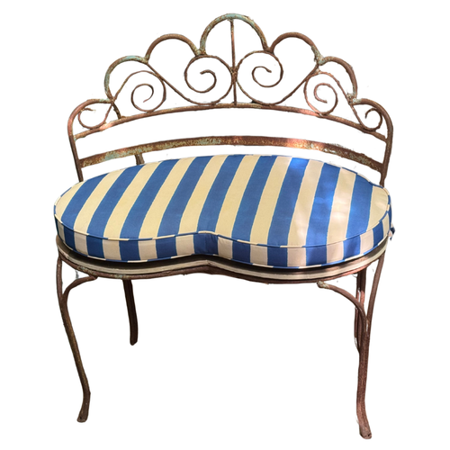 20th-century Sweetheart Iron Garden Bench with Custom Lisa Corti Outdoor Fabric Cushion