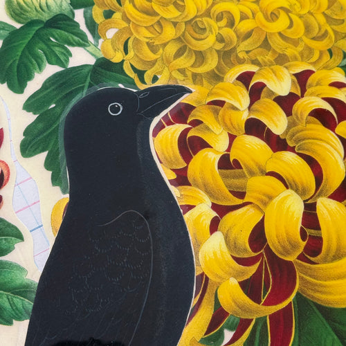 One-of-a-Kind Collaged Raven & Chrysanthemum Mat (#31)
