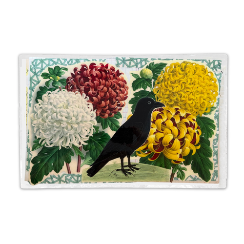 One-of-a-Kind Collaged Raven & Chrysanthemum Mat (#31)