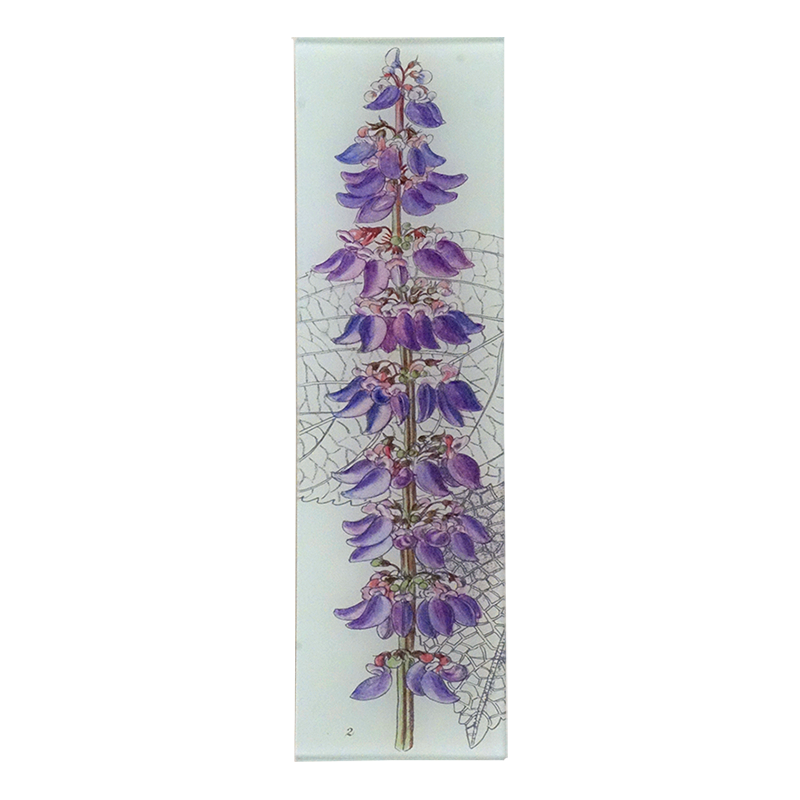 an illustration of a purple floral design on a three and a half inch by twelve inch glass tray. 