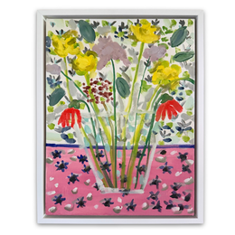 A framed floral art print featuring yellow daffodils, red flowers, green leaves, and pink patterned details, presented in a white frame against a light gray background.