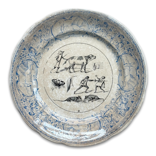 Set of 6 19th‑century French Sarreguemines Talking Plates