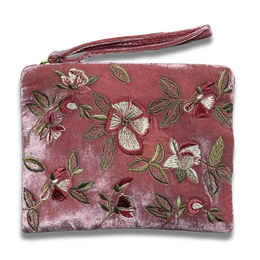 Botanica Embroidered Silk Velvet Perfect Zip Pouch in Cyclamen