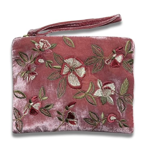 Botanica Embroidered Silk Velvet Perfect Zip Pouch in Cyclamen