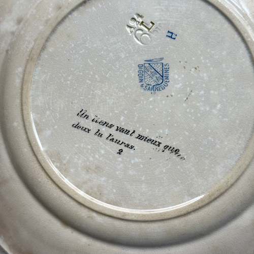 Set of 6 19th‑century French Sarreguemines Talking Plates