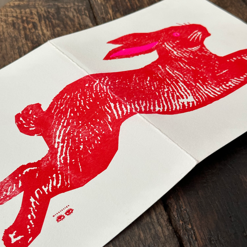 Block Printed Red Rabbit Folded Card