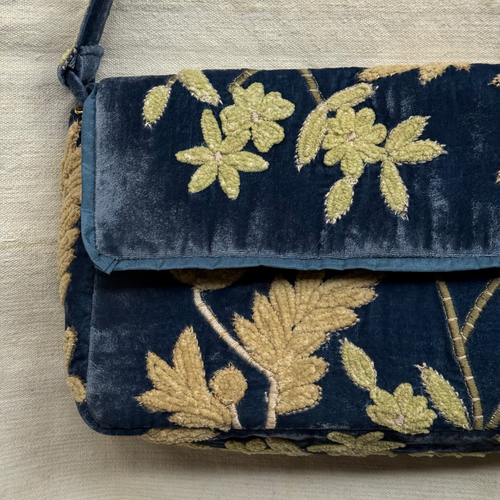 Candolyn Embroidered Silk Velvet Shoulder Bag in Blue