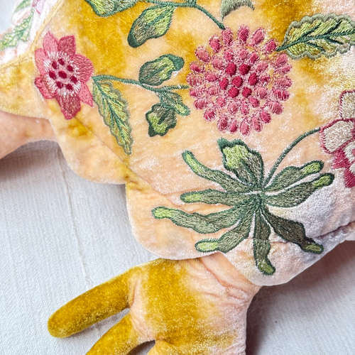 Bouquet Embroidered Big Silk Velvet Turtle in Shaded Yellow