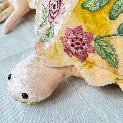 Bouquet Embroidered Big Silk Velvet Turtle in Shaded Yellow