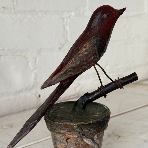 Black Forest Carved Perched Bird on Clay Pot (#3)