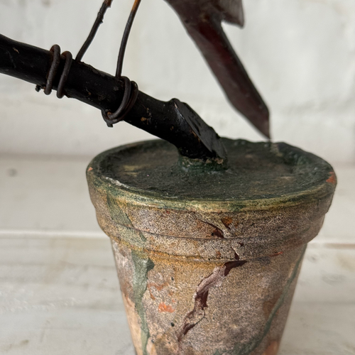 Black Forest Carved Perched Bird on Clay Pot (#3)