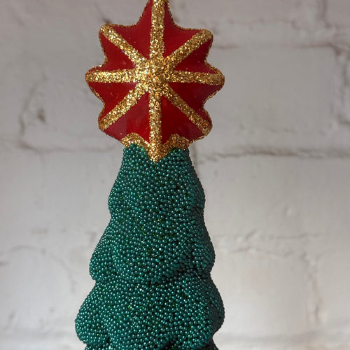 Papier-Mâché XL Dark Green Beaded Tree with Star