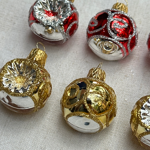 Set of 6 Mini Gold and Red Nostalgic Reflector Ornaments