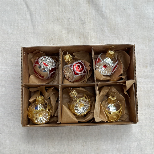 Set of 6 Mini Gold and Red Nostalgic Reflector Ornaments