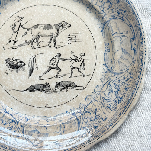 Set of 6 19th‑century French Sarreguemines Talking Plates