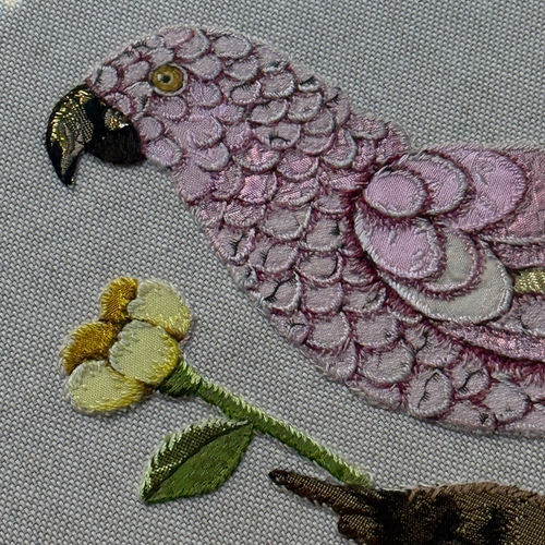 Hand Embroidered "Pink Parrot" by Zara Merrick