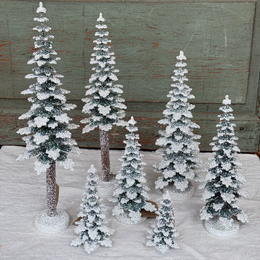 Set of 7 Glitter Spruce Trees in Green and White