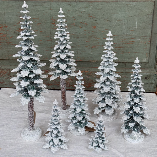 Set of 7 Glitter Spruce Trees in Green and White