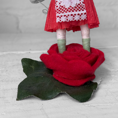 Spun Cotton Valentine's Day Flower Girl Figure on Felted Rose #3