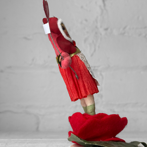 Spun Cotton Valentine's Day Flower Girl Figure on Felted Rose #3