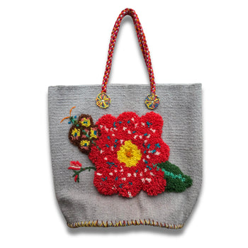 PO! Paris Nathalie Lete Woven & Knotted "Papillon Fleur" Tote Bag in Gris