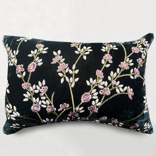 Tuileries Embroidered Silk Velvet Cushion in Nightshade