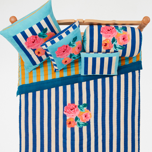Lisa Corti Reversible King Quilt in Nizam Stripes Blue Natural 250 x 270cm